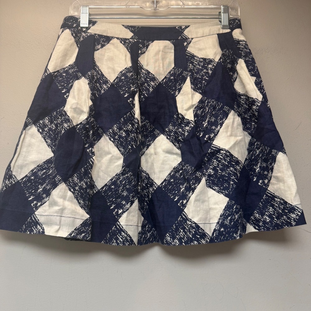 Boden Mini Skirt Womens 6R Navy Blue Excellent Linen Geometric Diamond A-Line